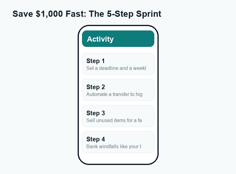 Numbered five-step how-to for saving a $1,000 emergency fund quickly