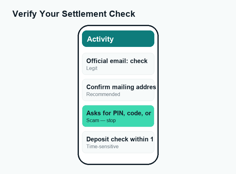 Phone mockup showing safe steps to verify a Cash App CFPB settlement check and avoid scams