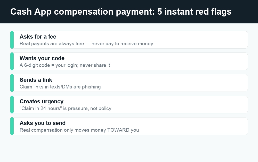 Fact card listing red flags of a fake Cash App compensation payment scam message