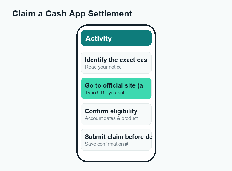 Phone mockup showing how to claim a Cash App settlement step by step through official channels