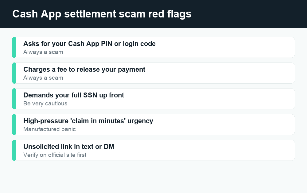 Fact card listing red flags for fake Cash App settlement claim scams