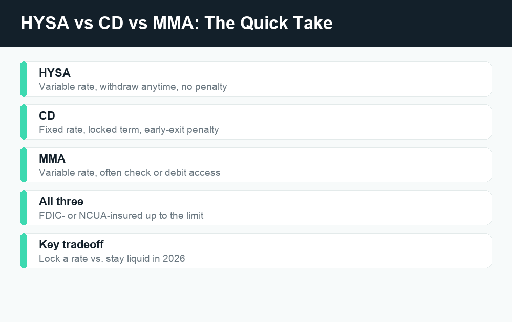 Fact card comparing high-yield savings, CDs, and money market accounts on rate, access, and insurance.