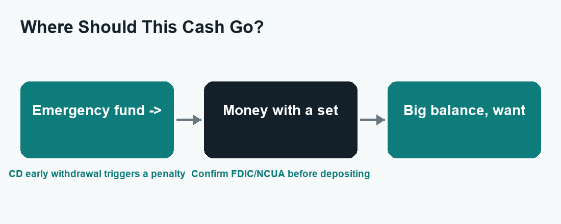 Flow diagram routing emergency funds to HYSA, term money to CDs, and large balances to MMAs.