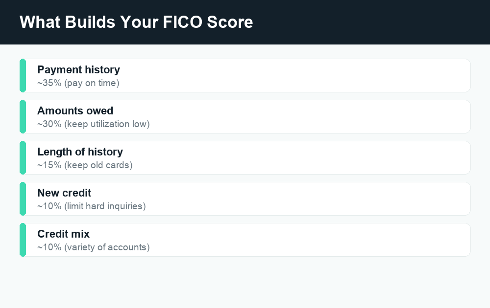Fact card listing the five FICO credit score factors and their approximate percentage weights.