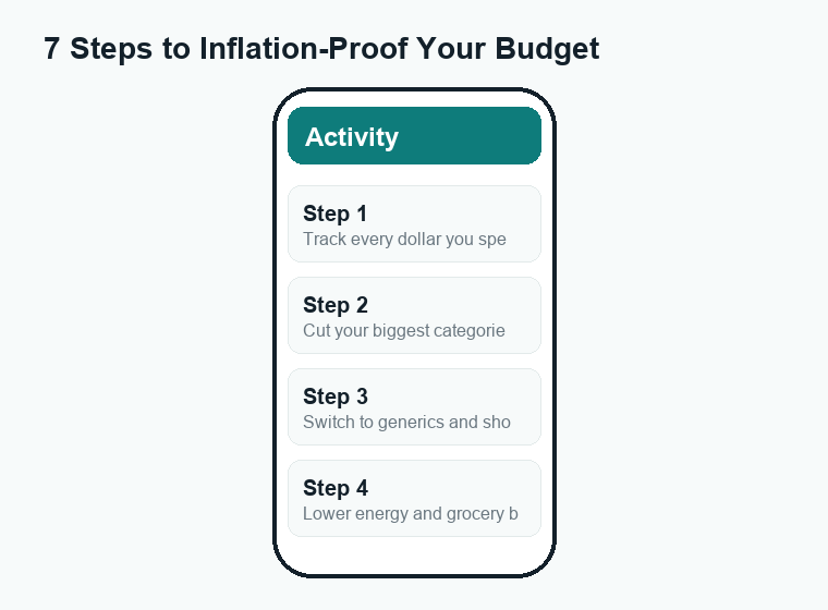 Numbered steps to protect your budget: track spending, cut big costs, buy generic, lower bills, save, earn more.