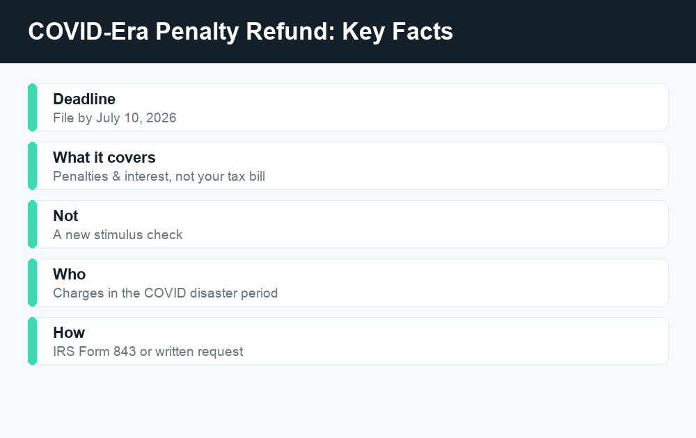 Fact card summarizing the COVID-era IRS penalty refund deadline, what it covers, and how to claim it.