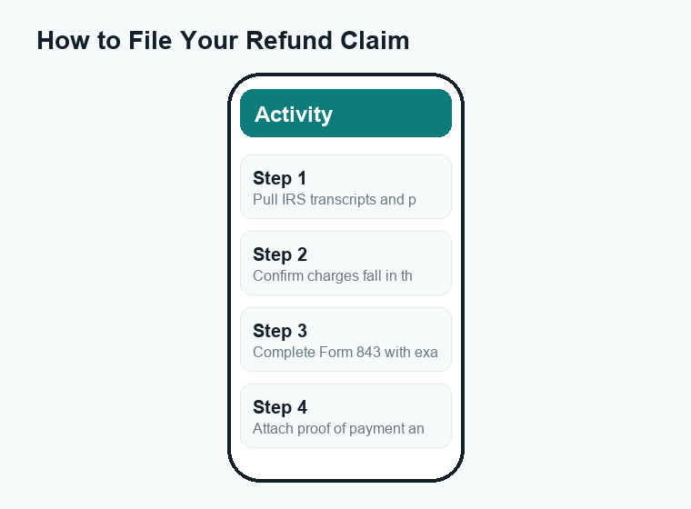 Numbered steps showing how to file an IRS Form 843 refund claim before the July 10, 2026 deadline.