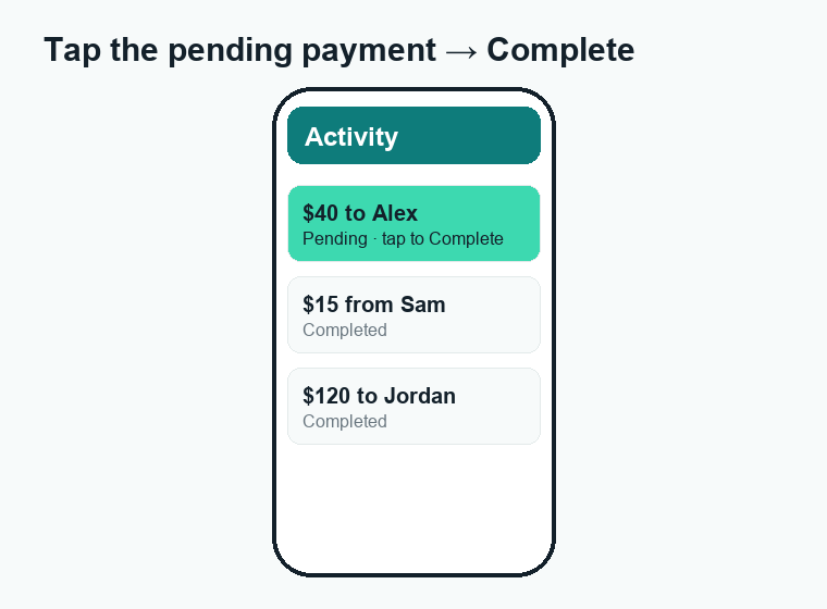 Tap the pending Cash App payment, then Complete