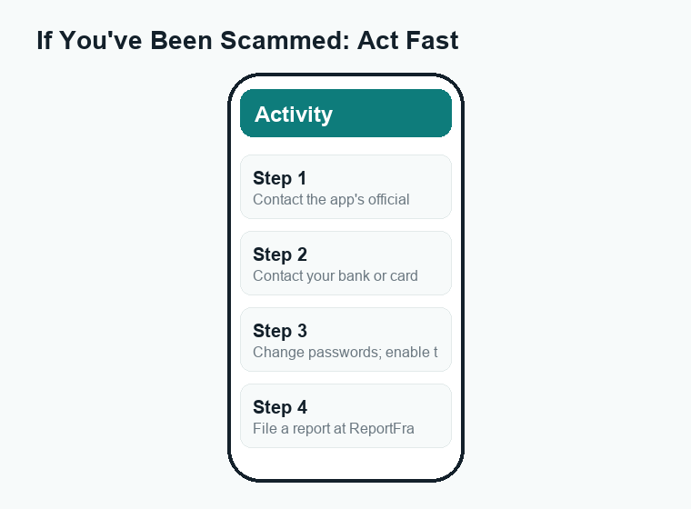 Numbered steps to take after a Cash App, Venmo, or Zelle scam: contact app, bank, FTC, CFPB.