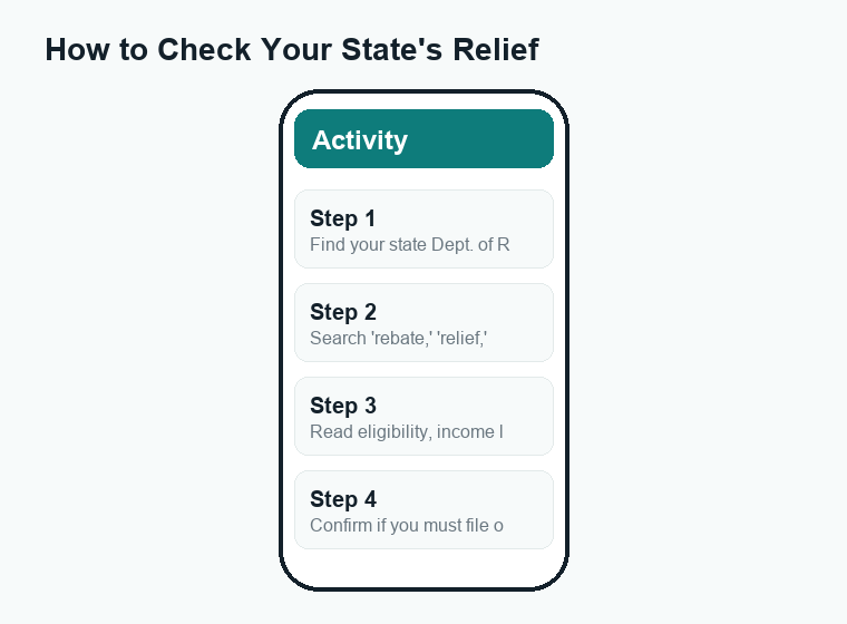 Numbered steps showing how to check a state's relief program using official .gov sites and verify federal claims on IRS.gov.