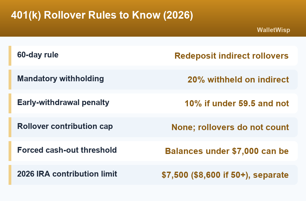 Fact card of 2026 401k rollover rules including the 60-day and 20% withholding rules