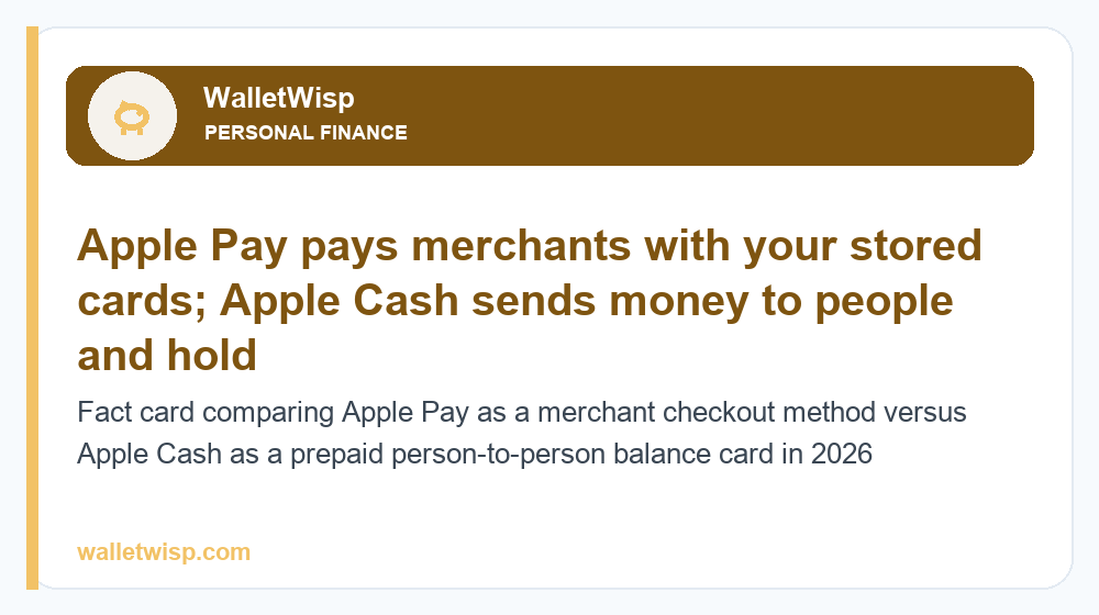 Fact card comparing Apple Pay as a merchant checkout method versus Apple Cash as a prepaid person-to-person balance card in 2026