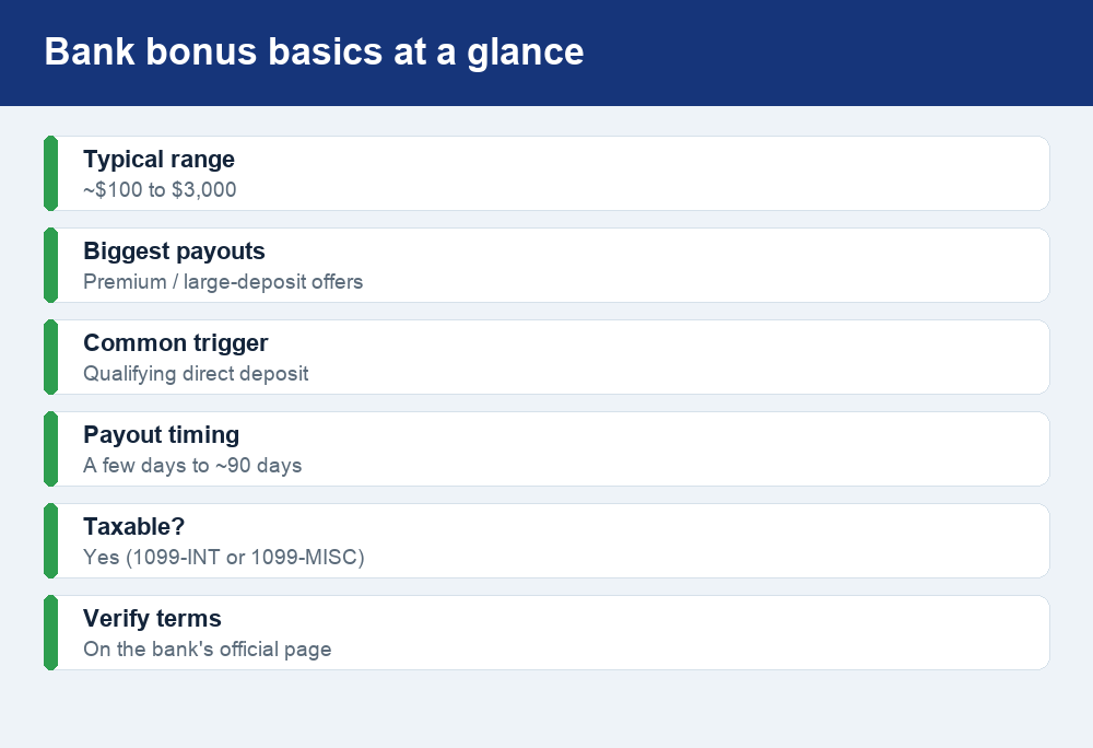 Fact card summarizing bank account bonus ranges, common requirements, payout timing, and tax treatment.