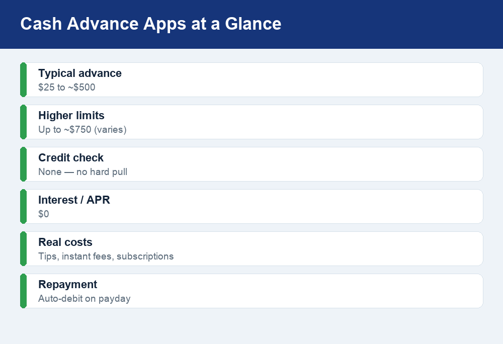 Fact card summarizing typical cash advance amounts, no credit check, and real costs like tips and instant fees.