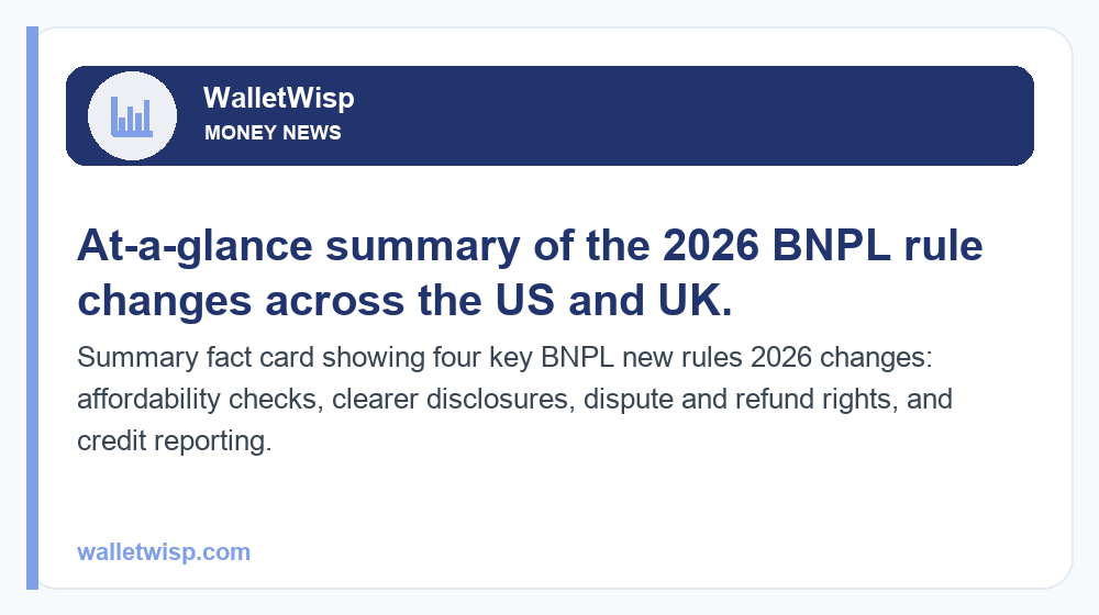 Summary fact card showing four key BNPL new rules 2026 changes: affordability checks, clearer disclosures, dispute and refund rights, and credit reporting.