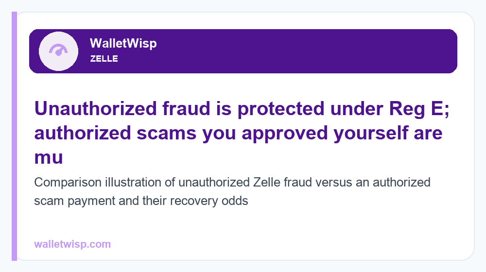 Comparison illustration of unauthorized Zelle fraud versus an authorized scam payment and their recovery odds