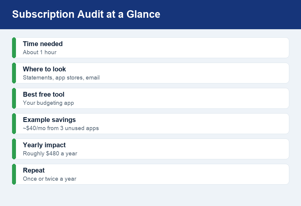 Fact card summarizing subscription audit time, sources to check, and potential yearly savings.