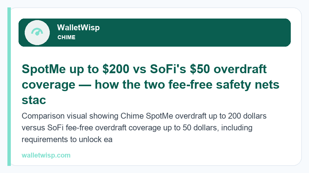 Comparison visual showing Chime SpotMe overdraft up to 200 dollars versus SoFi fee-free overdraft coverage up to 50 dollars, including requirements to unlock each.