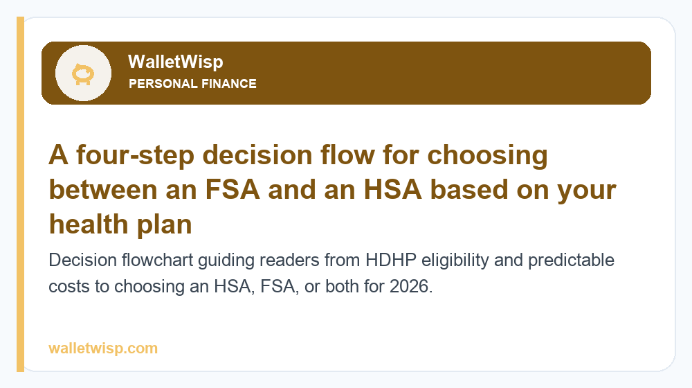 Decision flowchart guiding readers from HDHP eligibility and predictable costs to choosing an HSA, FSA, or both for 2026.