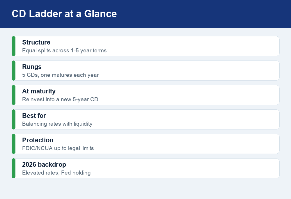 Fact card summarizing CD ladder structure, rungs, maturity reinvestment, and FDIC coverage.