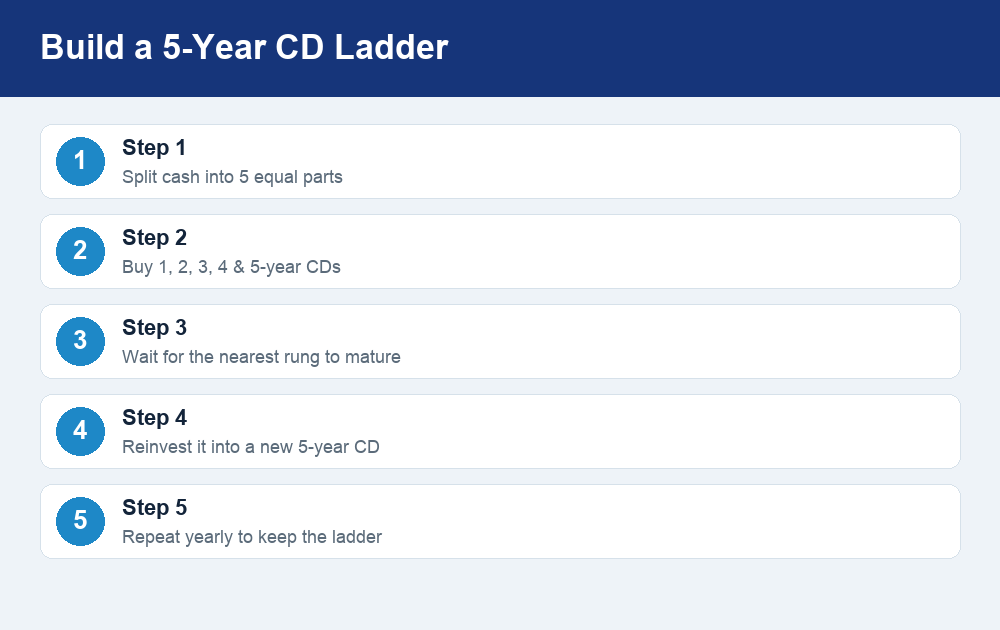 Step-by-step diagram showing how to build a five-year CD ladder in five stages.