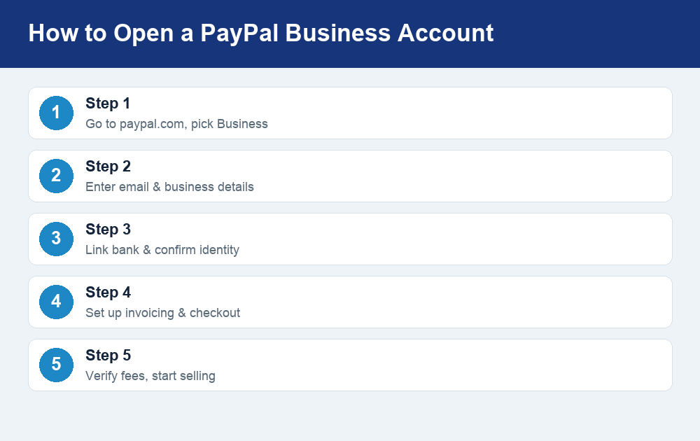 Step-by-step diagram showing how to open a PayPal Business account from sign-up to selling.