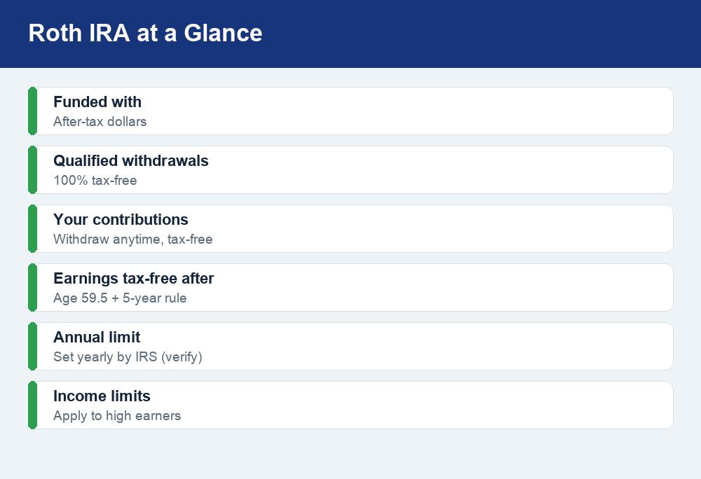 Fact card summarizing key Roth IRA features including tax treatment and withdrawal rules.