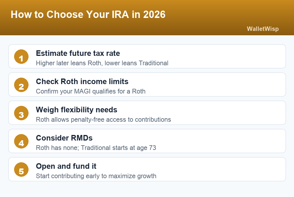 Five numbered steps for choosing between a Traditional and Roth IRA in 2026