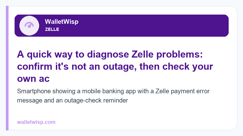 Smartphone showing a mobile banking app with a Zelle payment error message and an outage-check reminder